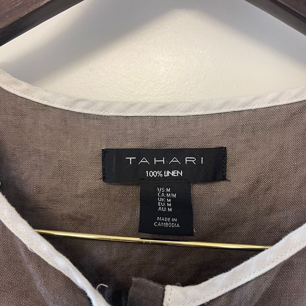 Tahari 100% Linen Sleeveless Button Front Top Grey White Trim Size M Boho Luxe - Picture 4 of 7